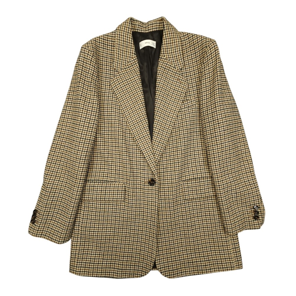 MNG Mango Blazer Women M Brown Houndstooth Oversized Boyfriend One Button Jacket